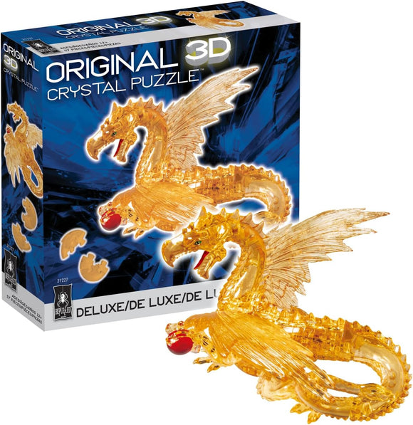 3D Crystal puzzle featuring a golden dragon. The puzzle pieces build a stunning, translucent dragon figure with red eyes and a gleaming crystal finish. The packaging displays the completed dragon and includes pieces for assembly, appealing to both puzzle enthusiasts and collectors.