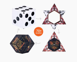 Shashibo Dice: Renaissance by Geobenders, showcasing a collection of mechanical puzzles transforming into over 70 shapes. Features designs in vibrant colors and intricate patterns.