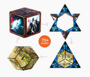 Shashibo Dice: Tales of Ovirnia, a mechanical puzzle from Geobenders, showcasing four different shapes: a cube, a star, a tetrahedron, and a hexagonal prism. Each shape features colorful artwork and highlights the product's ability to transform into over 70 unique forms, encouraging creativity and cognitive skill development.