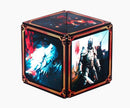 Shashibo Dice: Tales of Ovirnia, a colorful, mechanically complex puzzle featuring stunning artwork of mythical creatures and armored figures. The cube transforms into various shapes, challenging the user to discover its hidden designs while enhancing problem-solving skills.