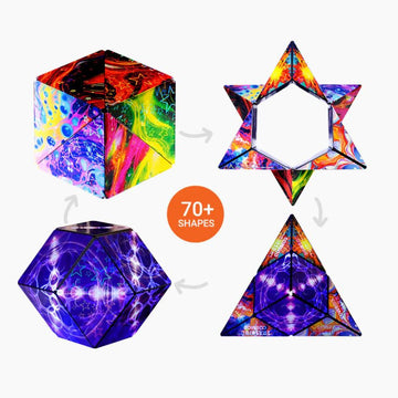The Shashibo: HG Cosmos is a colorful, mechanical puzzle that can transform into over 70 unique shapes. The vibrant design showcases intricate patterns and bright colors, inviting users to engage their creativity and problem-solving skills as they manipulate it into various geometric forms.