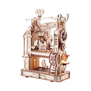 A detailed view of the Classic Printing Press by Robotime, a beautifully crafted DIY model featuring intricate gears and mechanisms. The press showcases a vintage design with wooden elements, intricate carvings, and functional parts. Ideal for hobbyists, this kit allows users to assemble their own working printing press, providing a rewarding hands-on experience.