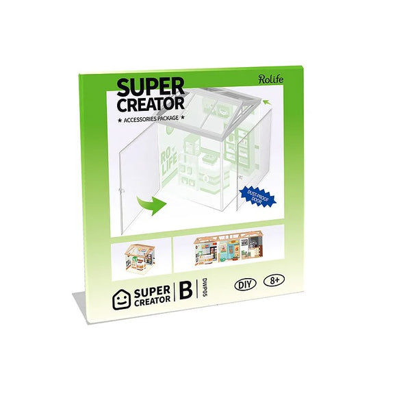 Robotime Dust-proof Door B DIY kit, designed for model building. The package showcases an illustration of a dust-proof door within a model environment, suitable for ages 8 and up. It features a vibrant green design, highlighting the unique accessory that enhances your creative projects.