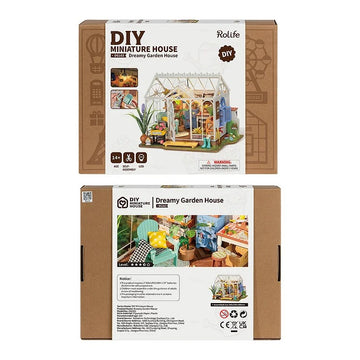 The Dreamy Garden House DIY kit by Robotime features a beautifully designed miniature house with vibrant colors, intricate details, and an inviting garden scene. The packaging displays images of the completed model, showcasing a cozy indoor space with stylish furniture and decor, plants, and a greenhouse-like structure. Ideal for ages 14 and up, this self-assembly kit includes LED lights for added charm.