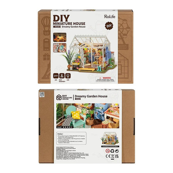 The Dreamy Garden House DIY kit by Robotime features a beautifully designed miniature house with vibrant colors, intricate details, and an inviting garden scene. The packaging displays images of the completed model, showcasing a cozy indoor space with stylish furniture and decor, plants, and a greenhouse-like structure. Ideal for ages 14 and up, this self-assembly kit includes LED lights for added charm.