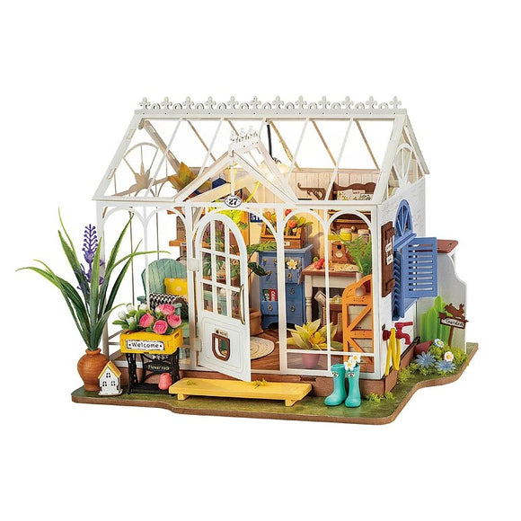 The Dreamy Garden House by Robotime is a beautifully detailed DIY kit that showcases a charming greenhouse filled with plants, flowers, and gardening tools. The house features a welcoming door, colorful furniture, and decorative elements like potted plants and signage. Perfect for creative individuals, this kit offers an engaging building experience with intricate design and vibrant colors.