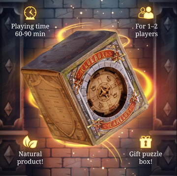 Cluebox - The Trial of Camelot by IDventure, a captivating mechanical puzzle. Features ornate design with a rotating mechanism. Suitable for 1-2 players, with a playtime of 60-90 minutes. Made from natural materials, this gift-ready puzzle box presents a thrilling challenge for enthusiasts.