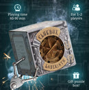 Cluebox - Cambridge Labyrinth, a mechanical puzzle box designed for 1-2 players. Features intricate gears and a round dial on the front, set against an industrial backdrop. Estimated playing time is 60-90 minutes. Ideal as a gift or for puzzle enthusiasts.