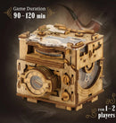 The Cluebox - Sherlock's Camera Escape Room Box by IDventure is a beautifully crafted mechanical puzzle designed for 1-2 players. It features intricate wooden details, buttons, and a magnifying glass-like lens. The game duration is 90-120 minutes, making it perfect for an immersive escape room experience at home.