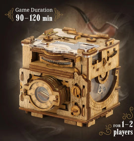 The Cluebox - Sherlock's Camera Escape Room Box by IDventure is a beautifully crafted mechanical puzzle designed for 1-2 players. It features intricate wooden details, buttons, and a magnifying glass-like lens. The game duration is 90-120 minutes, making it perfect for an immersive escape room experience at home.