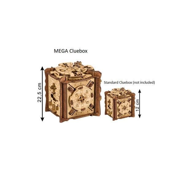 MEGA Cluebox - The Trial of Camelot by IDventure, featuring an intricately designed wooden mechanical puzzle. The larger box measures 22.5 cm in height and has moving parts, ideal for puzzle enthusiasts looking for a challenging experience.