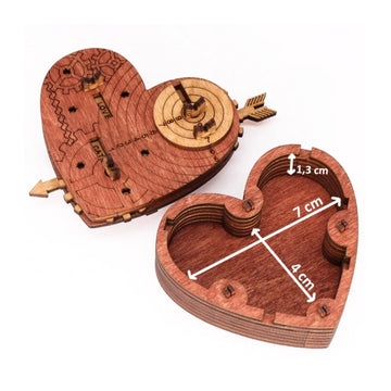A wooden mechanical puzzle shaped like a heart, featuring intricate gear designs and measurement markings. The puzzle halves fit together, showcasing a charming, tactile design perfect for lovers of unique puzzles.