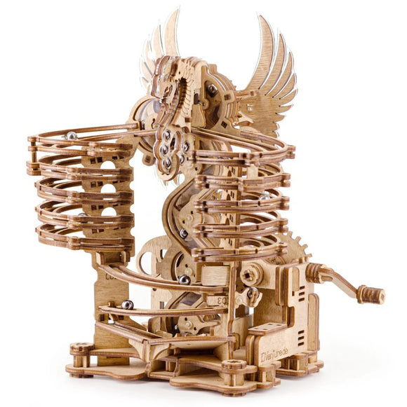 A detailed DIY Marble Run Dragon kit by IDventure, showcasing intricate wooden mechanisms. The dragon features a whimsical design with spirals and tracks for marbles, emphasizing craftsmanship and creativity.