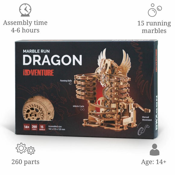 The Marble Run Dragon by IDventure is a DIY kit featuring a visually striking design with a dragon motif. It consists of 260 laser-cut parts that can be assembled over 4-6 hours. The assembled item measures 182 x 215 x 120 mm and allows for 15 running marbles, creating an infinite cycle of movement. Perfect for ages 14 and up, it combines creativity with engineering skills.