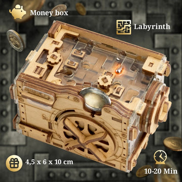 A-Maze-Ing Safe by IDventure is a mechanical puzzle designed as a money box. The intricate design features a transparent lid and multiple intricate mechanisms on the top. The box measures 4.5 x 6 x 10 cm and showcases a labyrinth pattern with different openings for coins. Ideal for puzzle enthusiasts and those who enjoy a challenge, this engaging puzzle enhances problem-solving skills and provides fun.