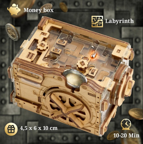 A-Maze-Ing Safe by IDventure is a mechanical puzzle designed as a money box. The intricate design features a transparent lid and multiple intricate mechanisms on the top. The box measures 4.5 x 6 x 10 cm and showcases a labyrinth pattern with different openings for coins. Ideal for puzzle enthusiasts and those who enjoy a challenge, this engaging puzzle enhances problem-solving skills and provides fun.