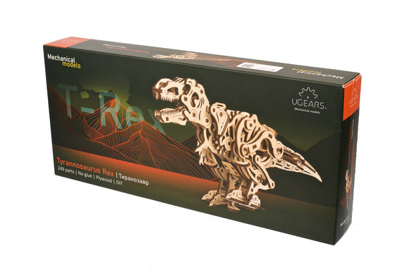 UGears Tyrannosaurus Rex DIY mechanical model kit featuring 249 precision-cut wooden pieces. The kit requires no glue and encourages hands-on assembly, resulting in a detailed dinosaur model that moves.