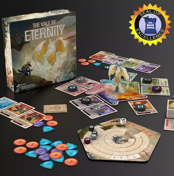 The Vale of Eternity board game by RENEGADE GAMES STUDIOS features a colorful box displaying mystical art. The game components include cards, dice, tokens, and a dragon figure set against a rich, fantasy landscape. A Seal of Excellence from The Dice Tower is prominently featured.