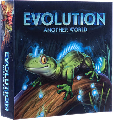 Box cover of the game 'Evolution: Another World' by CROWD GAMES, LLC. Features a vibrant illustration of a colorful frog perched on a wooden branch, surrounded by glowing blue orbs and a mystical, dark background. The title 'EVOLUTION' is prominently displayed in bold letters.