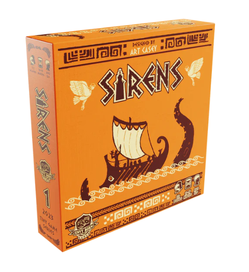 Box of the game 'Sirens' by Envy Born Games, designed by Art Casey. The striking orange box features illustrations of a ship, swirling waves, and stylized birds against a geometric background, promising an exciting gameplay experience.