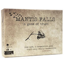 Mantis Falls board game box by Distant Rabbit Games. The design features a muted brown background with birds in flight and a branch holding a mantis. Text reads 'Mantis Falls (a game of trust)' along with a description about cooperative gameplay. Suitable for 2-3 players aged 14 and up, with a playtime of 60-90 minutes.