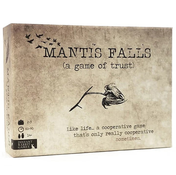 Mantis Falls board game box by Distant Rabbit Games. The design features a muted brown background with birds in flight and a branch holding a mantis. Text reads 'Mantis Falls (a game of trust)' along with a description about cooperative gameplay. Suitable for 2-3 players aged 14 and up, with a playtime of 60-90 minutes.