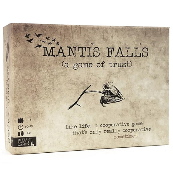 Mantis Falls board game box by Distant Rabbit Games. The design features a muted brown background with birds in flight and a branch holding a mantis. Text reads 'Mantis Falls (a game of trust)' along with a description about cooperative gameplay. Suitable for 2-3 players aged 14 and up, with a playtime of 60-90 minutes.