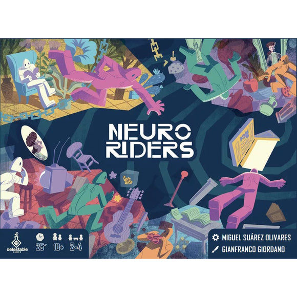 Neuroriders board game by Detestable featuring vibrant illustrations of characters interacting in a surreal environment. Ideal for 2-4 players, this game is engaging for ages 10 and up and offers a playing time of approximately 25 minutes.