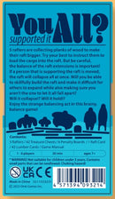 The image shows the back of 'Rafter Five' game box by OINK GAMES with colorful graphics depicting gameplay. It includes the text 'You supported it All?' and an overview of playing, which involves collecting planks to build a raft. The contents listed are rafters, treasure chests, penalty boards, lumber cards, and a game manual. A warning indicates the game is not suitable for children under 3 years due to small parts.