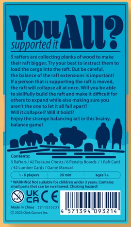 The image shows the back of 'Rafter Five' game box by OINK GAMES with colorful graphics depicting gameplay. It includes the text 'You supported it All?' and an overview of playing, which involves collecting planks to build a raft. The contents listed are rafters, treasure chests, penalty boards, lumber cards, and a game manual. A warning indicates the game is not suitable for children under 3 years due to small parts.