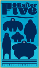 Rafter Five game box by OINK GAMES, featuring five playful, abstract character designs in varying shapes and sizes, all set against a vibrant blue background. The title 'Rafter Five' is prominently displayed in bold, stylized letters, suggesting a fun and engaging gameplay experience.