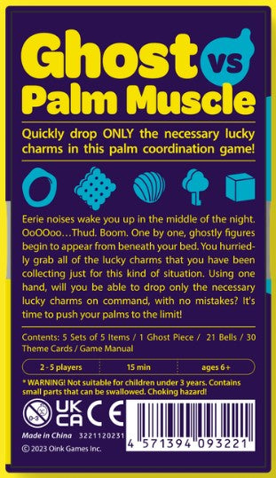 DroPolter game by OINK GAMES, featuring a vibrant and playful packaging design. The game involves quickly dropping lucky charms while avoiding mistakes. Suitable for 2-5 players aged 6 and above, it includes game components like ghost pieces, bells, and theme cards.