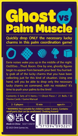 DroPolter game by OINK GAMES, featuring a vibrant and playful packaging design. The game involves quickly dropping lucky charms while avoiding mistakes. Suitable for 2-5 players aged 6 and above, it includes game components like ghost pieces, bells, and theme cards.