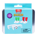 Teeny Tiny Soccer game by Fizz Creations Inc. features a compact metal tin containing 2 mini goals, 1 soccer ball, and 4 player legs dressed in green and red socks. A fun miniature soccer experience for kids.