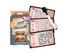 The 'Lost Treasure Logic Puzzles' by Professor Puzzle featuring a box with a treasure chest design. Inside, there are three puzzle cards labeled 'Easy', 'Medium', and 'Hard', alongside a marker for solving the puzzles. Perfect for puzzle enthusiasts seeking a challenge.