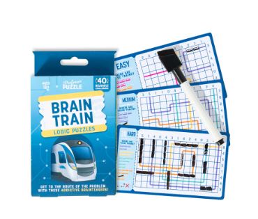 Brain Train Logic Puzzles game by Professor Puzzle featuring a blue and white package with a train graphic. Inside are logic puzzle cards marked as Easy, Medium, and Hard, showcasing various grid patterns and a white pen for solving puzzles. This game promises hours of brain-teasing fun with 40 engaging challenges designed to enhance logical thinking skills.