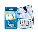 Brain Train Logic Puzzles game by Professor Puzzle featuring a blue and white package with a train graphic. Inside are logic puzzle cards marked as Easy, Medium, and Hard, showcasing various grid patterns and a white pen for solving puzzles. This game promises hours of brain-teasing fun with 40 engaging challenges designed to enhance logical thinking skills.