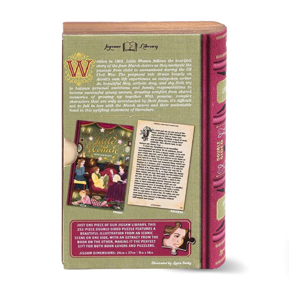 A 252-piece double-sided jigsaw puzzle titled 'Little Women' by Professor Puzzle. The puzzle features an illustration from the iconic book on one side, with a literary excerpt on the reverse. Packaged to look like a book, it highlights the March sisters and their experiences. The jigsaw dimensions are 24cm x 37cm (9in x 14in), making it a perfect gift for book lovers and puzzle enthusiasts.