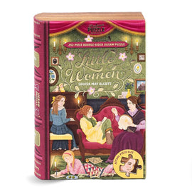 A beautifully illustrated 252-piece double-sided jigsaw puzzle featuring scenes from 'Little Women' by Louisa May Alcott. The puzzle box resembles a classic book, showcasing the four March sisters engaged in various activities in a cozy, vintage setting. Perfect for fans of literature and jigsaw puzzles alike.
