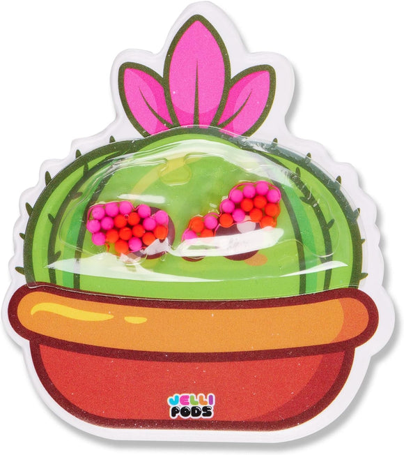 A colorful Jelli Pods product shaped like a cactus, featuring vibrant green hues and pink accents. The cactus is placed in a brown pot and contains assorted small colorful beads that add a playful touch, perfect for sensory engagement.