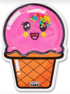 A playful pink ice cream cone featuring a smiling face and colorful sprinkles. The ice cream scoop is glossy, resembling a cartoon character, with a bright yellow and pink design that adds charm to any collection.