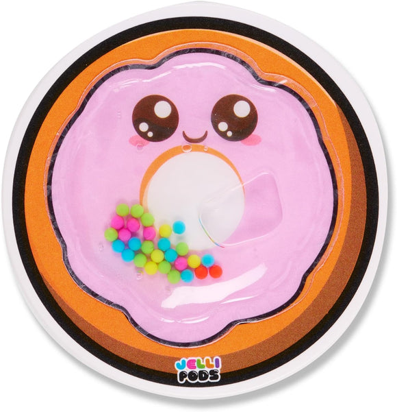 A colorful Jelli Pods Donut featuring a cute smiling face. The donut has a pink frosting design with vibrant, multi-colored jelly beads scattered in the center. It is set against a circular orange background, adding a playful touch to the product.