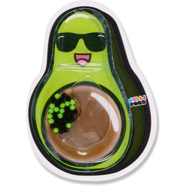 Jelli Pods Avocado, a fun fidget toy shaped like an avocado. The toy features a smiling avocado character wearing sunglasses, with colorful beads inside that provide tactile stimulation. Perfect for stress relief and sensory play.