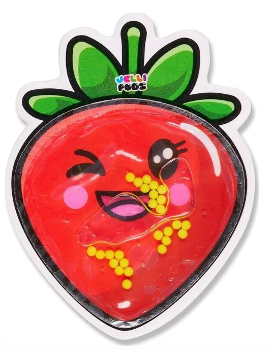 A bright red strawberry-shaped Jelli Pod featuring a cheerful facial expression. The pod includes yellow beads that resemble seeds and is topped with a green leafy cap. Designed for sensory play, the Jelli Pod is soft and squishy, perfect for fidgeting or stress relief.