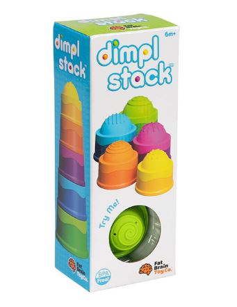 The Dimpl Stack by Fat Brain Toys is a colorful stacking toy featuring vibrant, textured cups in various shapes. Designed for children aged 6 months and up, this BPA-free toy encourages fine motor skills and sensory exploration. The packaging showcases an easy-to-try mechanism at the base, inviting play.