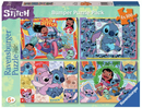 Ravensburger's Stitch 4x100 pc Puzzle set featuring colorful jigsaw designs from the Disney Lilo & Stitch franchise. It includes four 100-piece puzzles depicting Stitch and Lilo in various playful scenes, perfect for ages 5 and up.
