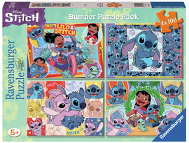 Ravensburger's Stitch 4x100 pc Puzzle set featuring colorful jigsaw designs from the Disney Lilo & Stitch franchise. It includes four 100-piece puzzles depicting Stitch and Lilo in various playful scenes, perfect for ages 5 and up.