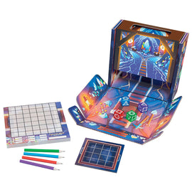 Gemstone Caverns mechanical puzzle by ThinkFun. The game features a colorful cave design with various dice, a grid board, and colored pencils. A vibrant backdrop enhances the gaming experience.