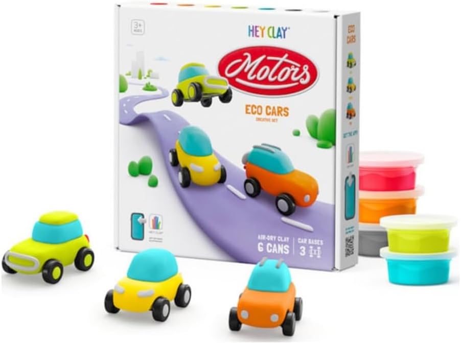 Hey Clay Eco Cars creative set by Fat Brain featuring a colorful box, six cans of air-dry clay in various colors, and three cute car bases. The kit allows children to mold and create their own eco-friendly car models, enhancing imaginative play and creativity. Ideal for ages 3 and up.