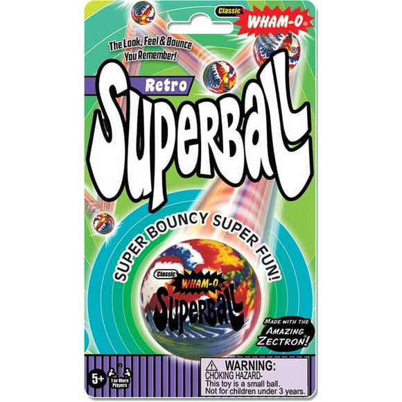 Wham-O Superball packaging featuring a colorful, retro design. The vibrant green background highlights the text 'Retro Superball' with an illustration of the ball showcasing its bouncy nature. The packaging includes warnings and age recommendations, emphasizing fun for kids and adults alike.